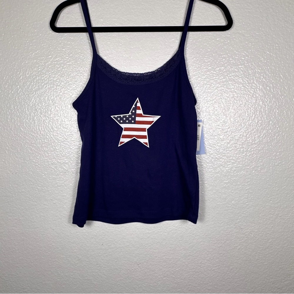 Modern Lux Women's Blue Patriotic Star Lace Trim Tank Top Camisole Size L